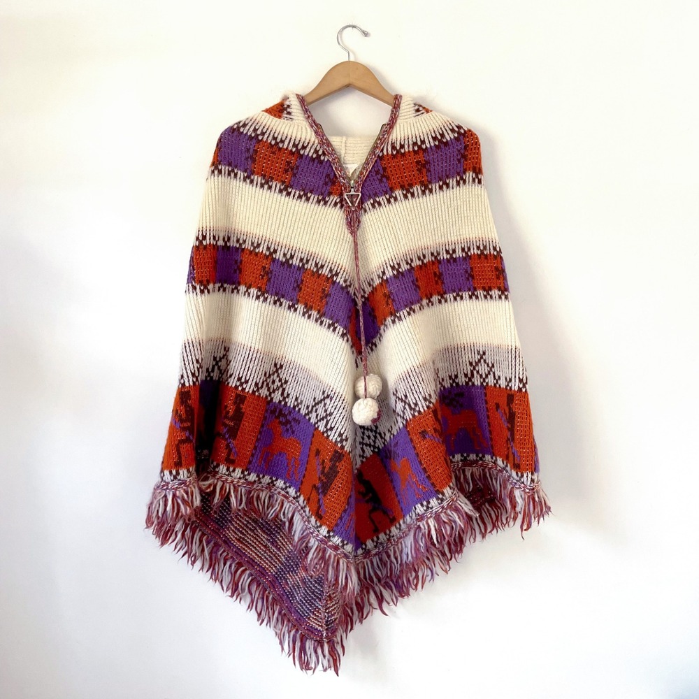 Wool Southwestern Hooded Poncho Fringe Pompom Vintage 70s Boho Retro Folk